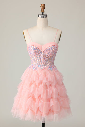 Pink Corset Sequin A Line Cocktail Dress